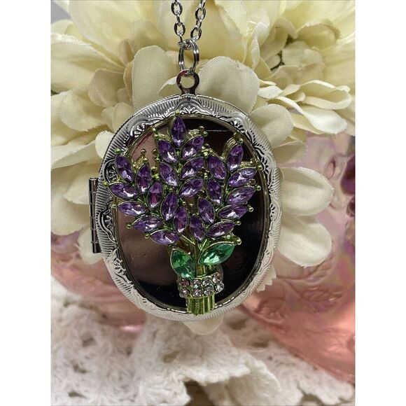 Lavender rhinestone SILV Photo Locket Keepsake Anniversary Valentine's Gift wife - Picture 3 of 16
